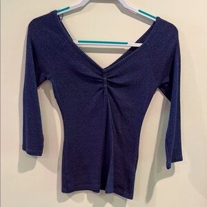 Express Blue Fitted Ruched 3/4 Sleeve Blouse